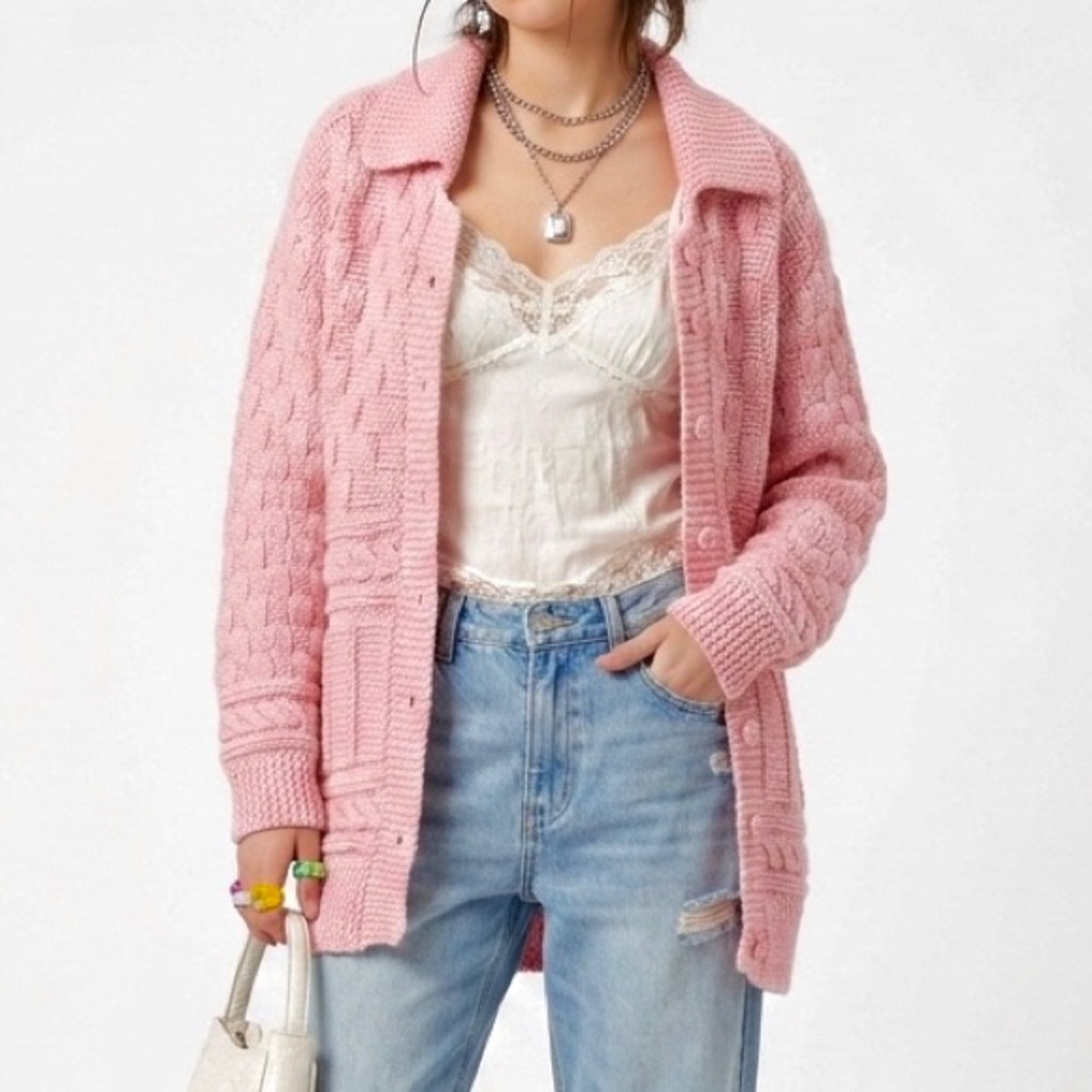 Vintage HandKnit Basketweave Mixed Texture Cable Cardigan Button Grandma Sweater